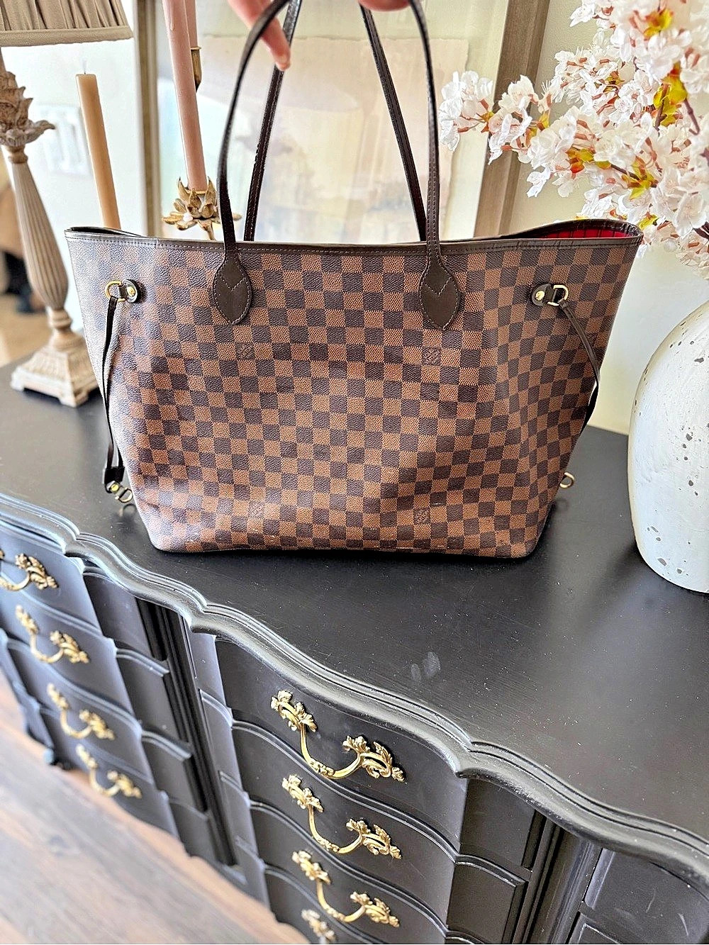 Louis Vuitton Neverfull MM Checkered Tote in Brown & Red